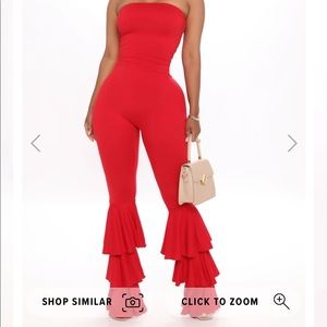 Red strapless jumpsuit